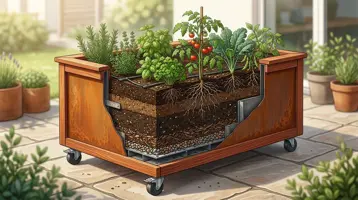 Gennemskåret plantekasse på hjul i træ og cortenstål på en flisebelagt terrasse, med tomat, basilikum, persille og grønkål foroven og synlige lag af muld, kompost og drænende grus over hjulene