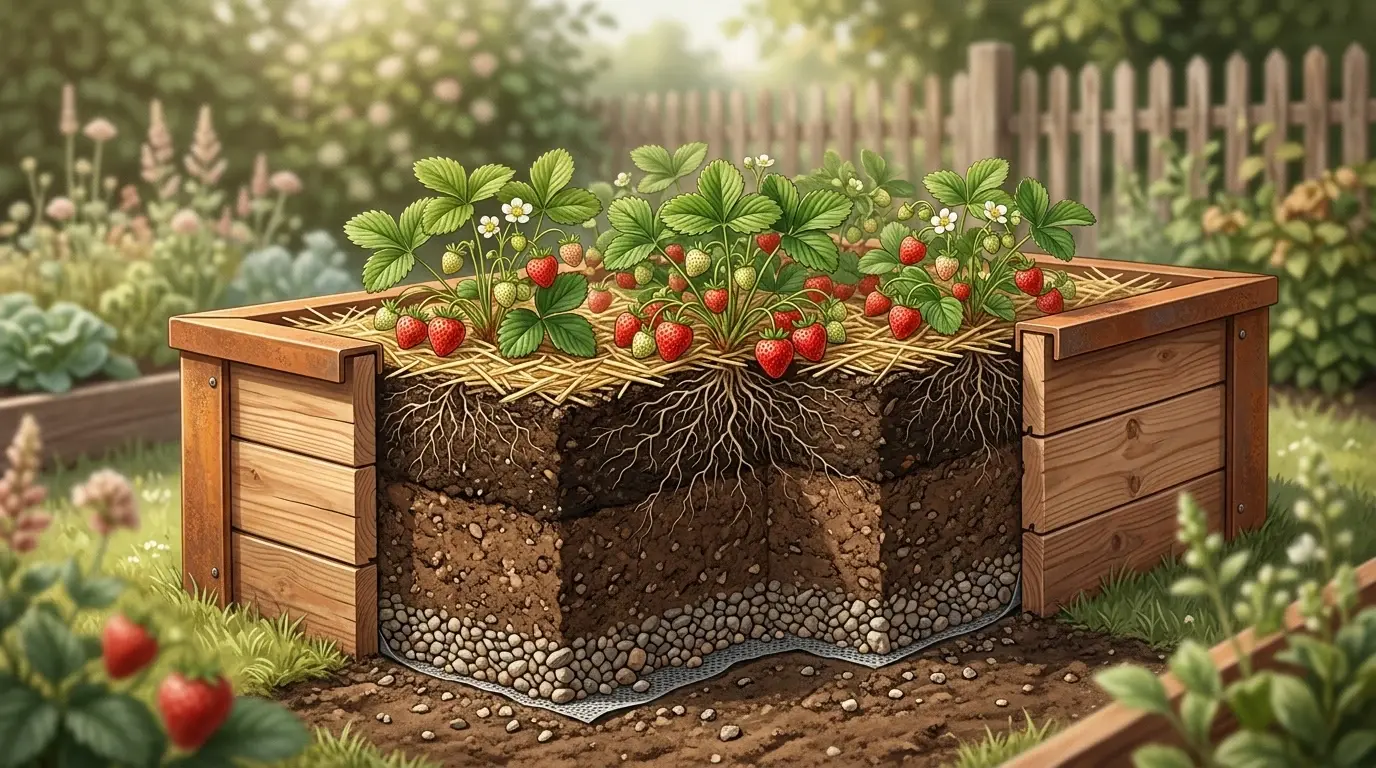 Gennemskåret højbed i træ fyldt med blomstrende jordbærplanter og modne bær, hvor halmdække, rodnet i mulden og et drænende stenlag i bunden er synligt